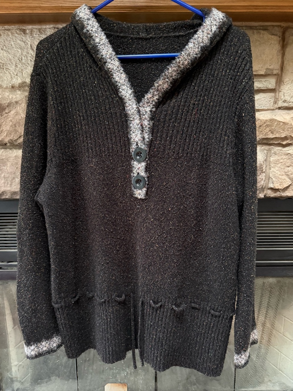 Black Women's V-Neck Button Hoodie Sweater with Gray Trim